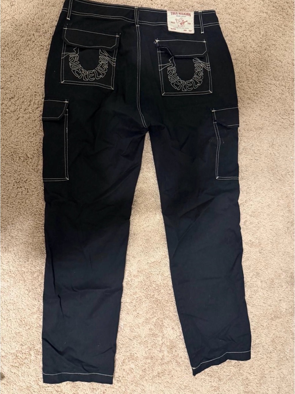 True Religion Black Cargo Pants with White Stitching & Horseshoe Outline New